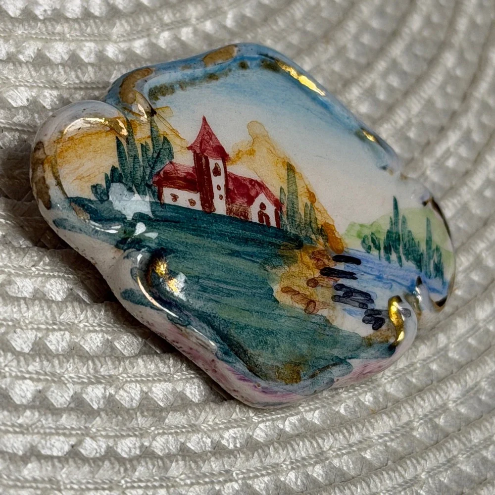 Vintage Hand Painted Ceramic Brooch Pin Landscape Church Water Gold Gilt C-Clasp